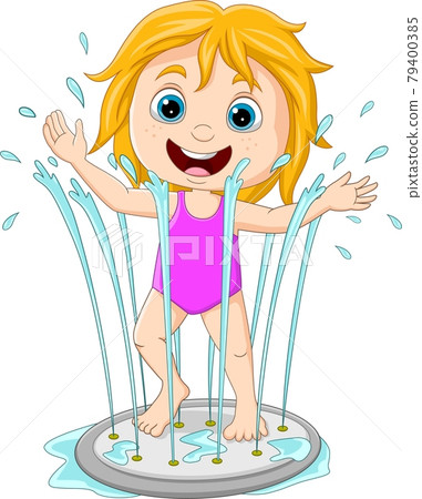 Cartoon little girl playing water fountain Cartoon little girl playing water fountain 79400385