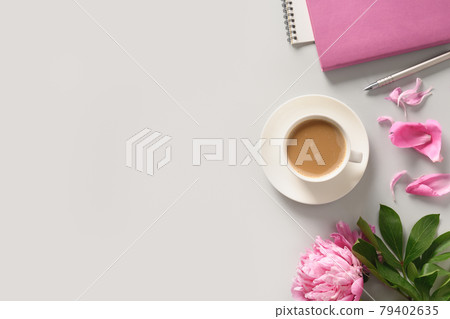 Creative female mockup with coffee cup, peony flowers, sketchbook for planning. 79402635