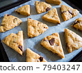 Triangular chocolate scone dough lined up on the top plate 79403247