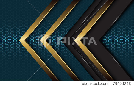 Abstract grey metallic gold arrow direction overlap on dark blue steel hexagon mesh design modern luxury futuristic background vector illustration. Abstract grey metallic gold arrow direction overlap on dark blue steel hexagon mesh design modern luxury futuristic background vector illustration. 79403248