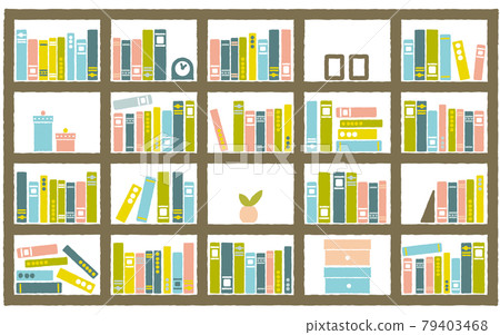 A lot of books lined up on the stacking shelf, cute color scheme 79403468