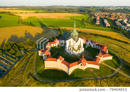Aerial view of Pilgrimage Church of Saint John of Nepomuk on the Green Hill at sunset. Aerial view of Pilgrimage Church of Saint John of Nepomuk on the Green Hill at sunset. 79404653
