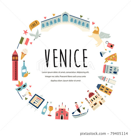 Tourist abstract design with famous destinations and landmarks of Venice. 79405114