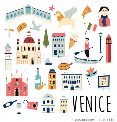 Set of famous symbols and landmarks of Venice. Vector bright set. 79405118