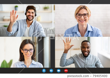 Happy people making online videochat remotely, screenshot Happy people making online videochat remotely, screenshot 79405400