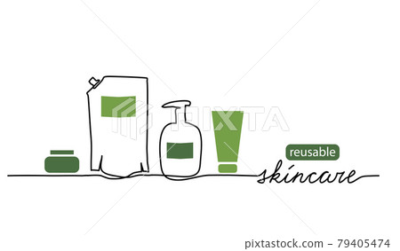 Reusable skincare, eco-friendly skin care cosmetics vector illustration. One line drawing art with bottles, doypack and lettering reusable skincare 79405474