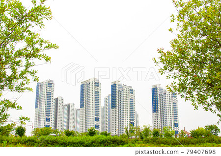 Apartment complex visible through trees 79407698