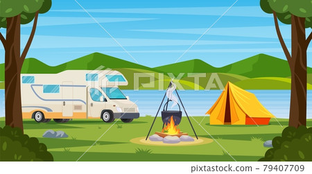 Summer camp in forest with bonfire, tent, backpack and lantern. Summer camp in forest with bonfire, tent, backpack and lantern. 79407709