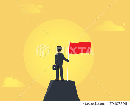 Successful businessman standing on top of mountain holding flag.successful, achievement and winning concept 79407896