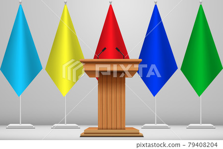 wooden announcement podium and microphone on the colorful flags background 79408204