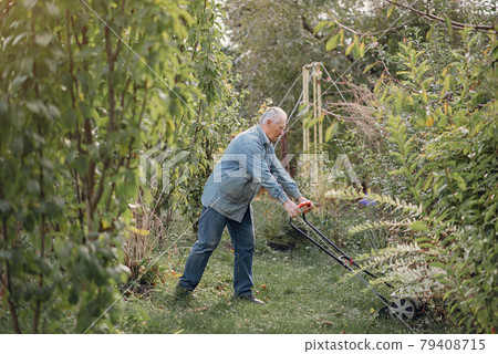 Senior mows the grass in the yard with a lawn mower Senior mows the grass in the yard with a lawn mower 79408715