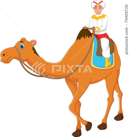 little boy riding camel on white background 79409726
