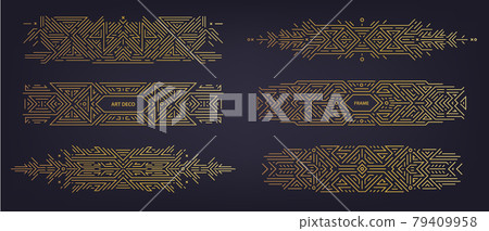Vector set of art deco linear dividers, borders, frames, decorative design elements. Creative geometric abstract templates in classic retro style of 1920s. Use for packaging, ad, as banner 79409958