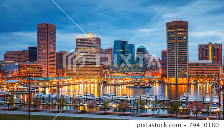 View on Baltimore skyline and Inner Harbor from Federal Hill at dusk View on Baltimore skyline and Inner Harbor from Federal Hill at dusk 79410180
