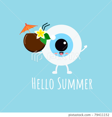 Cute eye ball emoji with hawaii coconut cocktail wit umbrella and flower. 79411152
