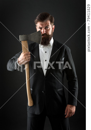 To shave or not to shave. Bearded man hold axe.  79411829