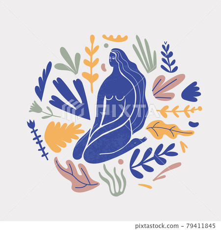 Vector stylized woman sitting with florals, long hair, blue silhouette illutration. Feminine concept, art illustration. Use as poster, print for t-shirt, design element for beauty products Vector stylized woman sitting with florals, long hair, blue silhouette illutration. Feminine concept, art illustration. Use as poster, print for t-shirt, design element for beauty products 79411845