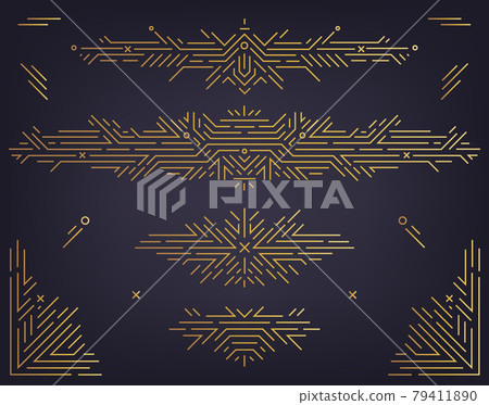 Vector set of art deco linear dividers, borders, frames, decorative design elements. Creative geometric abstract templates in classic retro style of 1920s. Use for packaging, ad, as banner Vector set of art deco linear dividers, borders, frames, decorative design elements. Creative geometric abstract templates in classic retro style of 1920s. Use for packaging, ad, as banner 79411890