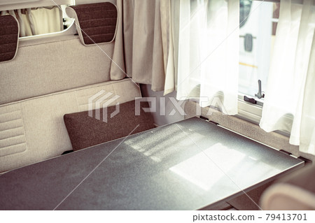Trailer or car house on wheels in an mobile home. Interior inside table, armchairs 79413701