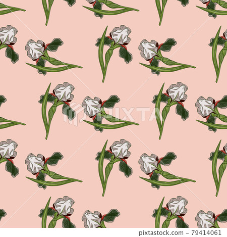 Botany seamless nature pattern with random green iris flowers ornament. Pink light background. Botany seamless nature pattern with random green iris flowers ornament. Pink light background. 79414061