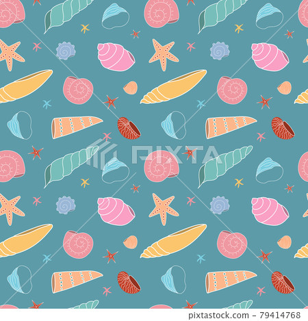 Seamless pattern with multicolored seashells on a blue background. Wallpaper, fabric, splash or tekstyle. Seamless pattern with multicolored seashells on a blue background. Wallpaper, fabric, splash or tekstyle. 79414768