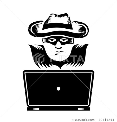 Hacker with Laptop Icon Isolated on White Background 79414853