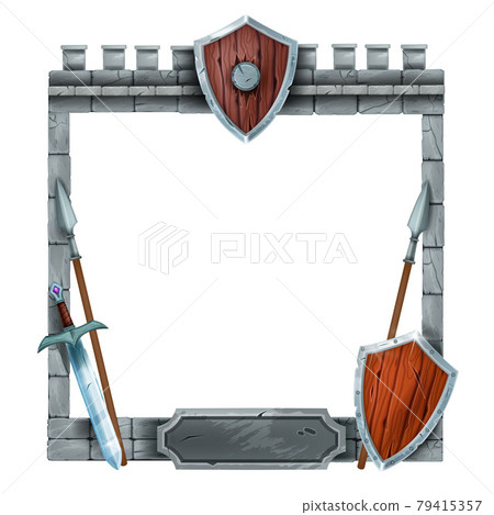 Game stone UI frame, vector medieval castle interface element, wooden old shield, sword, spear.  79415357