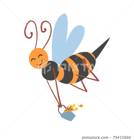 Cute Bee Carrying Bucket Full of Honey, Happy Funny Flying Insect Character Cartoon Vector Illustration 79415660