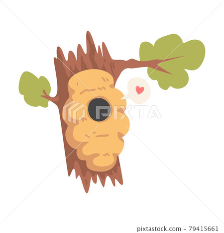 Honey Hive with Bees Hanging on Tree Branch Cartoon Vector Illustration 79415661