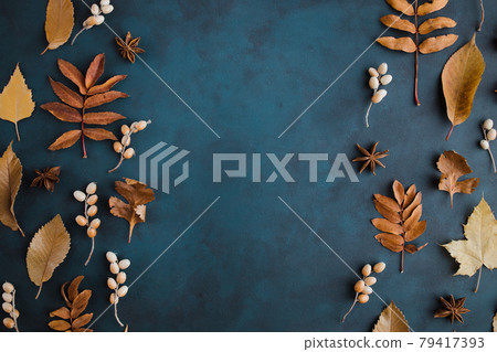Autumn background with golden dried leaves border 79417393