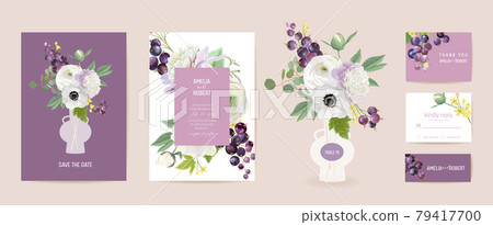 Wedding invitation black currant berries, anemone, peony, rose flowers, leaves card. Berry watercolor template 79417700
