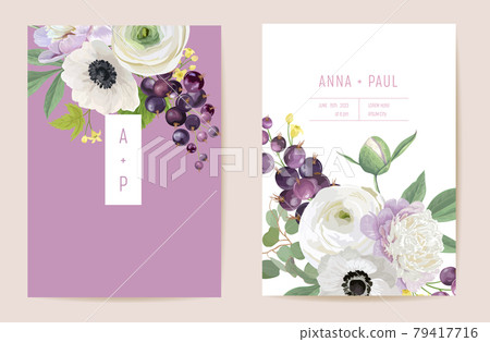 Wedding black currant floral vector card, berry fruits, flowers, leaves invitation. Watercolor anemone, peony Wedding black currant floral vector card, berry fruits, flowers, leaves invitation. Watercolor anemone, peony 79417716