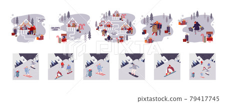 Set of Characters Winter Fun and Recreation. People Visiting Christmas Market for Buying Festive Gifts. Sportsmen Skiing Set of Characters Winter Fun and Recreation. People Visiting Christmas Market for Buying Festive Gifts. Sportsmen Skiing 79417745