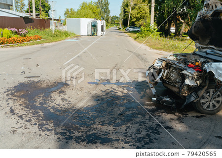 The truck collided with a passenger car. Car accident. 79420565