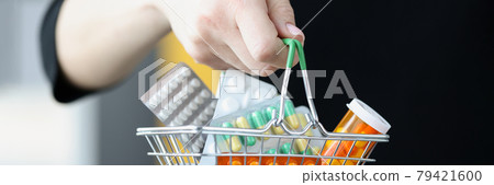Woman holding basket of medicines in her hand closeup Woman holding basket of medicines in her hand closeup 79421600