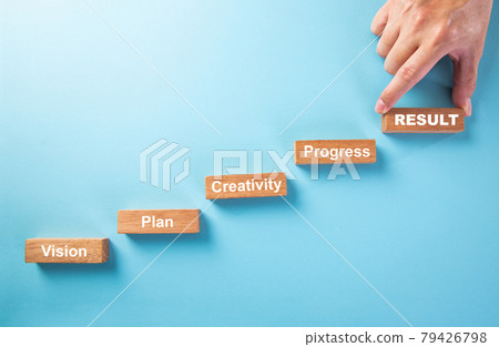 Hand holds wooden block with Result Wording on blue background 79426798