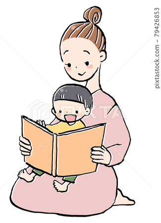 一個母親和一個男孩在看圖畫書的插圖 一個母親和一個男孩在看圖畫書的插圖 79426853