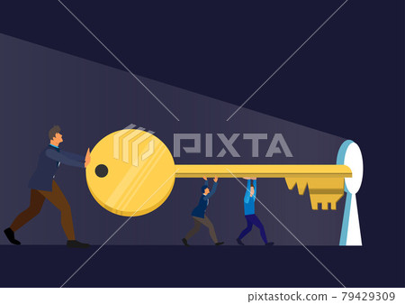A company employee is holding the key and is about to insert the key into the padlock. marketing success concept. Flat style cartoon illustration vector A company employee is holding the key and is about to insert the key into the padlock. marketing success concept. Flat style cartoon illustration vector 79429309