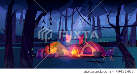 Night camping with tents, campfire in dark forest Night camping with tents, campfire in dark forest 79431405