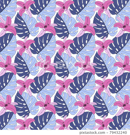 Tropical pattern, monstera leaf and orchid, pink lily, on a white background, seamless. 79432240
