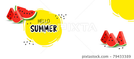Summer banner. With juicy watermelon slices and a place for the text. Yellow sun. 79433389