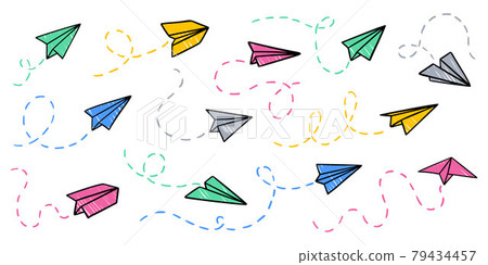 Vector set of colorful paper airplanes. Hand-drawn, doodle elements isolated on white background. 79434457