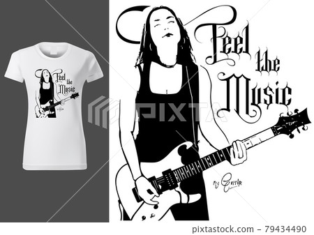 Black Sketch of a Guitarist Woman for T-shirt Printing Black Sketch of a Guitarist Woman for T-shirt Printing 79434490