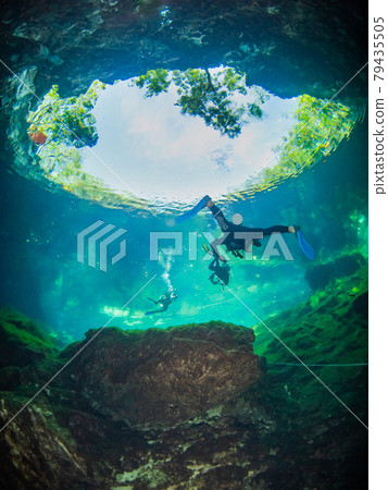 Scuba divers leaving cenote (underwater cave) (Playa del Carmen, Mexico) 79435505
