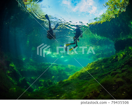 Scuba divers leaving cenote (underwater cave) (Playa del Carmen, Mexico) Scuba divers leaving cenote (underwater cave) (Playa del Carmen, Mexico) 79435506