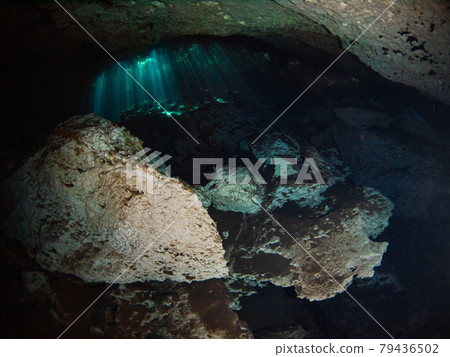 Underwater cave (Cenote) where sunlight shines through a hole in the ceiling (Playa del Carmen, Mexico) 79436502