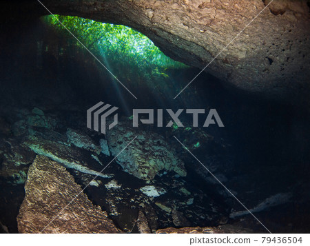 Underwater cave (Cenote) where sunlight shines through a hole in the ceiling (Playa del Carmen, Mexico) 79436504
