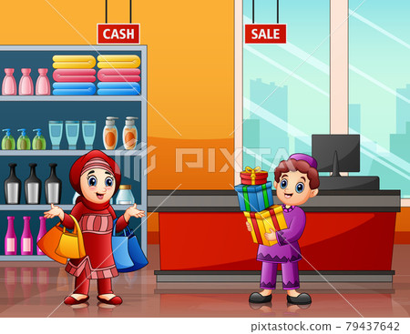 Muslim men and women shopping in a supermarket 79437642