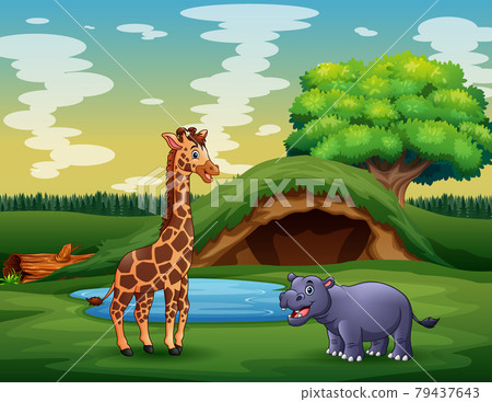 Cartoon of the wild animals enjoying nature near the pond Cartoon of the wild animals enjoying nature near the pond 79437643