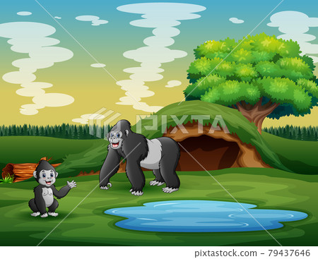 Cartoon a mother gorilla with her cub in the meadow Cartoon a mother gorilla with her cub in the meadow 79437646